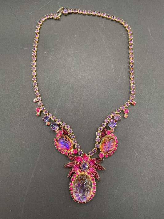 Juliana Pink and Purple Heliotrope Carved Glass Cabochon Rhinestone Necklace