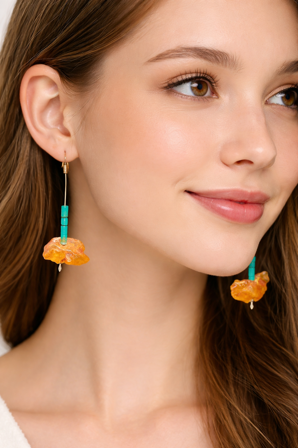 Long Amber And Turquoise Earrings.