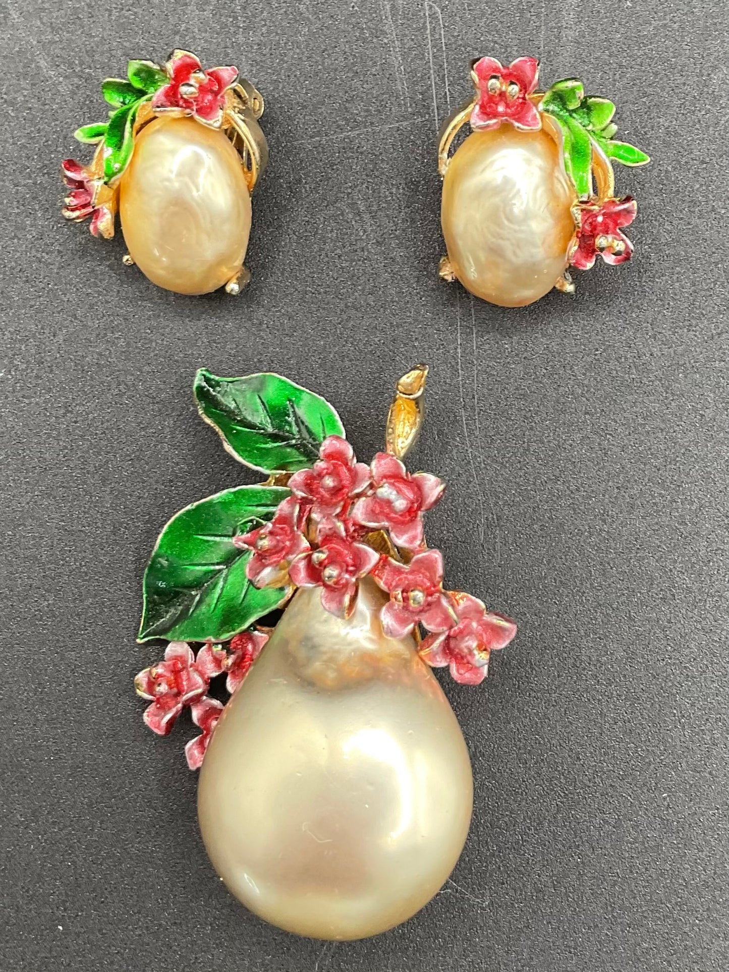 Vintage Arthur Pepper Floral Enamel Pearl Brooch And Earring Set