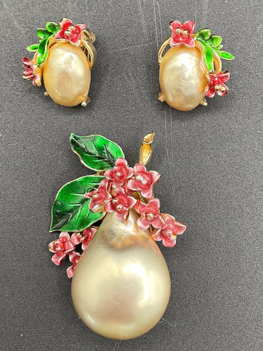 Vintage Arthur Pepper Floral Enamel Pearl Brooch And Earring Set