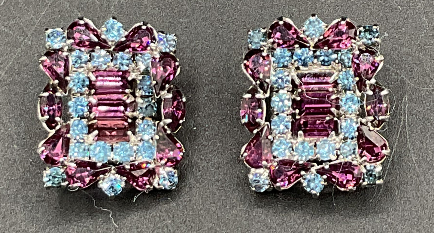 Vintage Unsigned blue and amethyst rhinestone necklace and earrings set