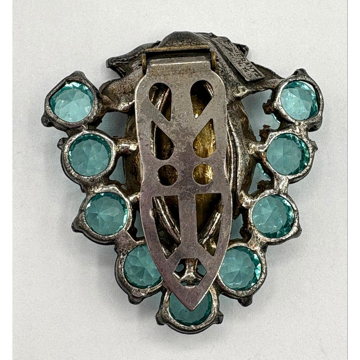 Vintage Pomerantz NYC Art Deco Amber Aqua Rhinestone Dress Clip 2” As Is