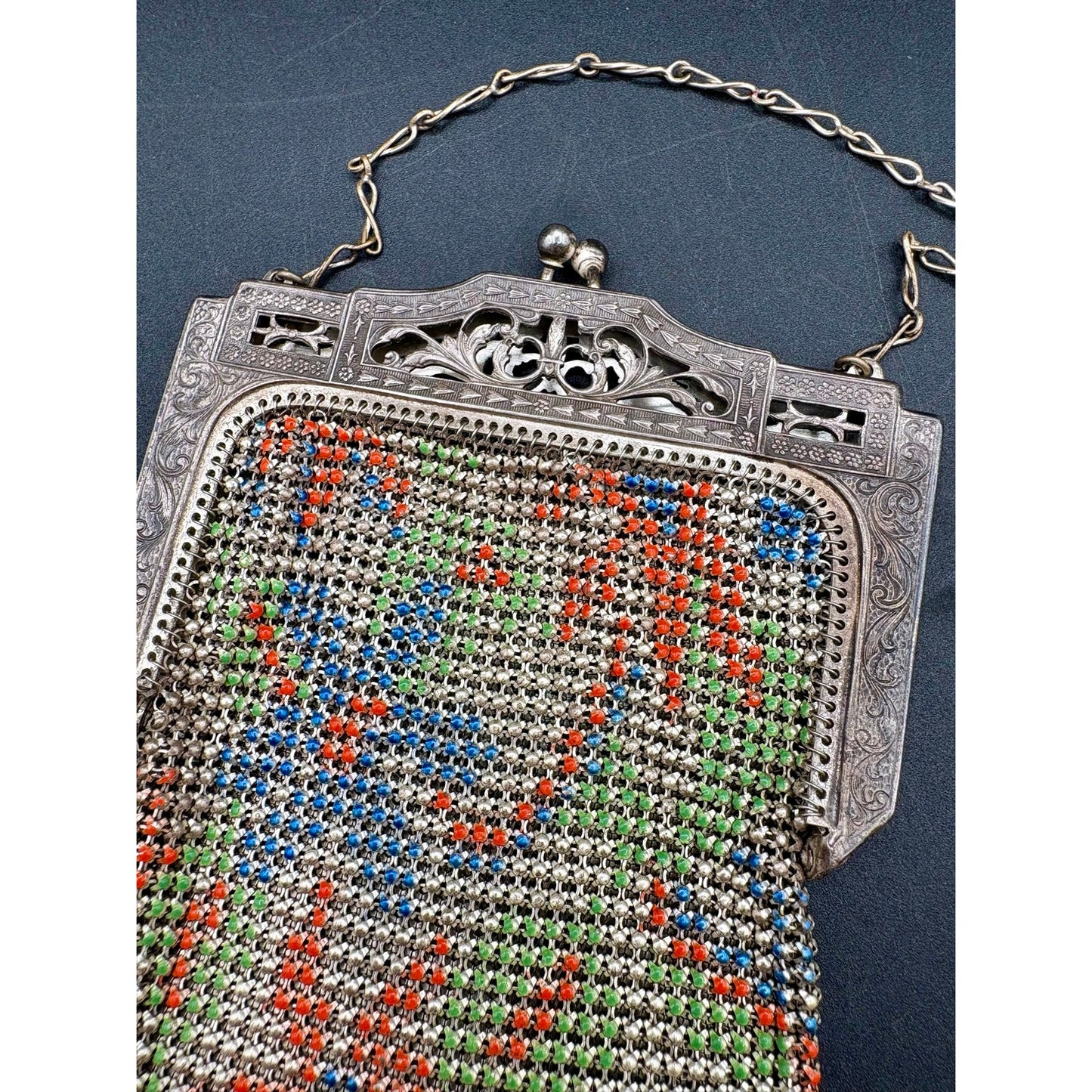 Antique Whiting & Davis Enamel Mesh Purse Floral Art Deco Flapper Bag