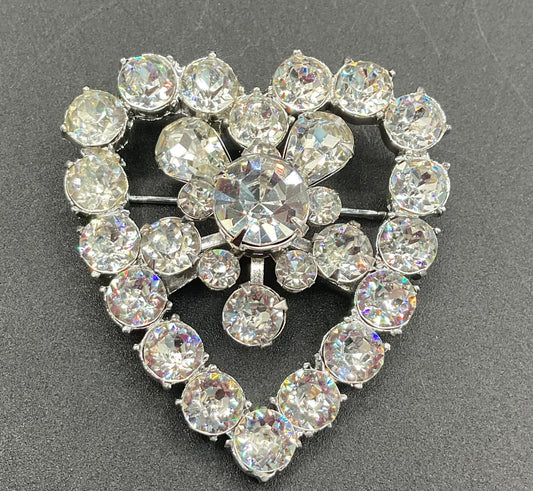 1940s Vintage Coro Clear Rhinestone Heart Brooch