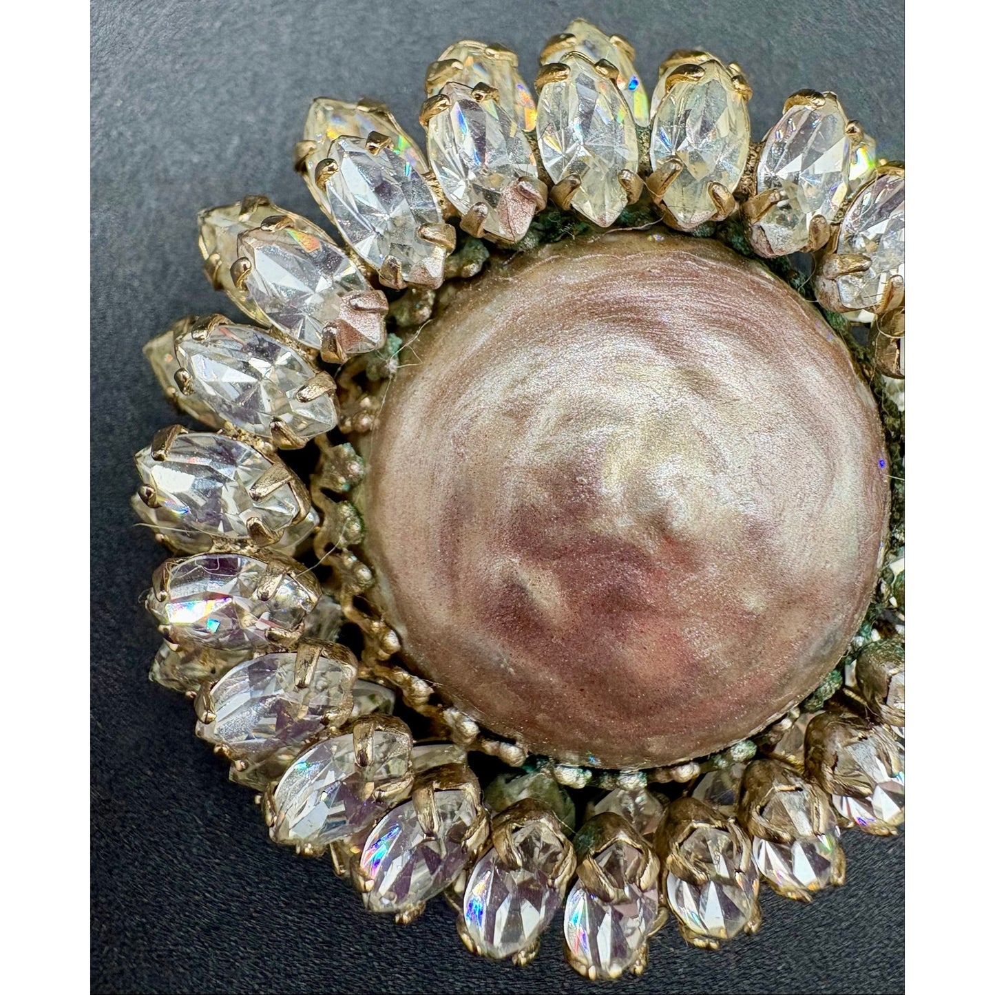 Vintage SCHREINER NY Brooch Rhinestone Pearl Cabochon Dimensional Signed 1.75”