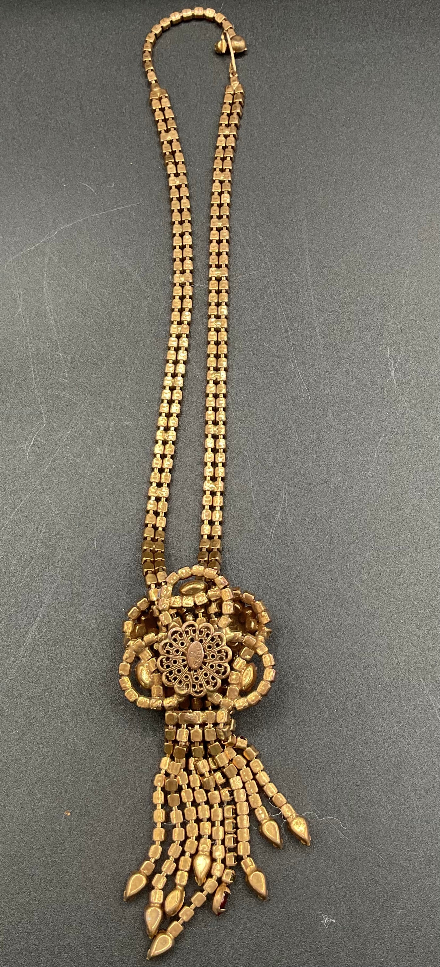 Vintage Weiss Red and Green Rhinestone Tassel Necklace RARE
