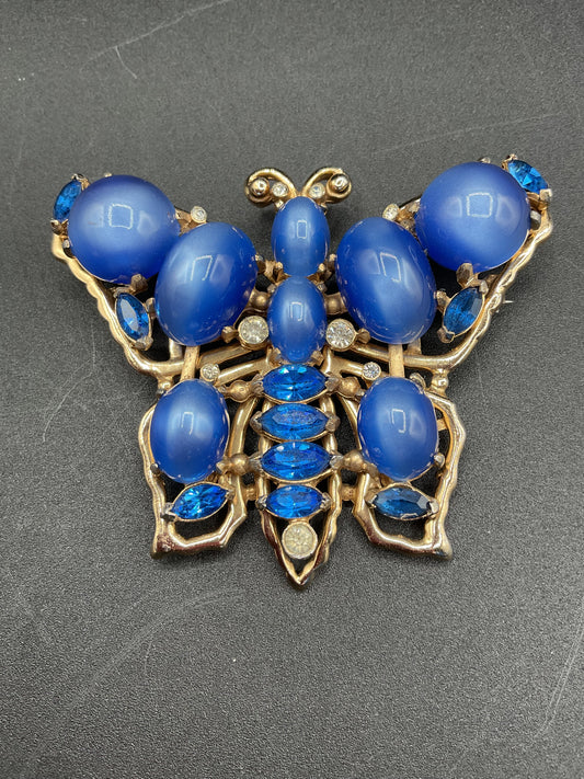 1940s Coro blue moon glow cabochon butterfly brooch-VERY RARE