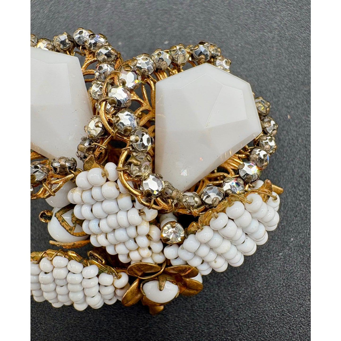 Vintage Original by Robert Milk Glass Seed Bead Rhinestone Floral Brooch