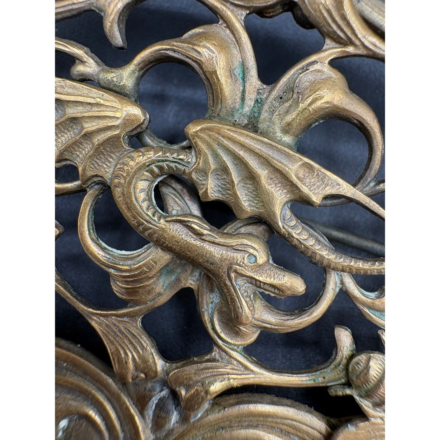 Antique Victorian Art Nouveau Dragon Bee Sash Pin Large Ornate Brass Brooch 3”