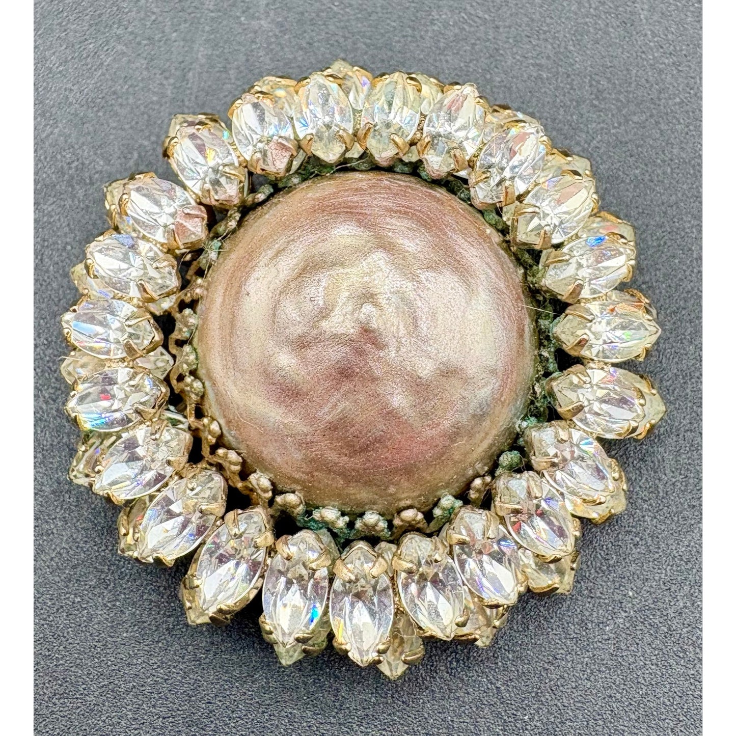 Vintage SCHREINER NY Brooch Rhinestone Pearl Cabochon Dimensional Signed 1.75”