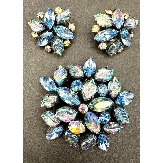 Vintage Regency Blue AB Molded Glass Leaves Brooch and Earrings Set