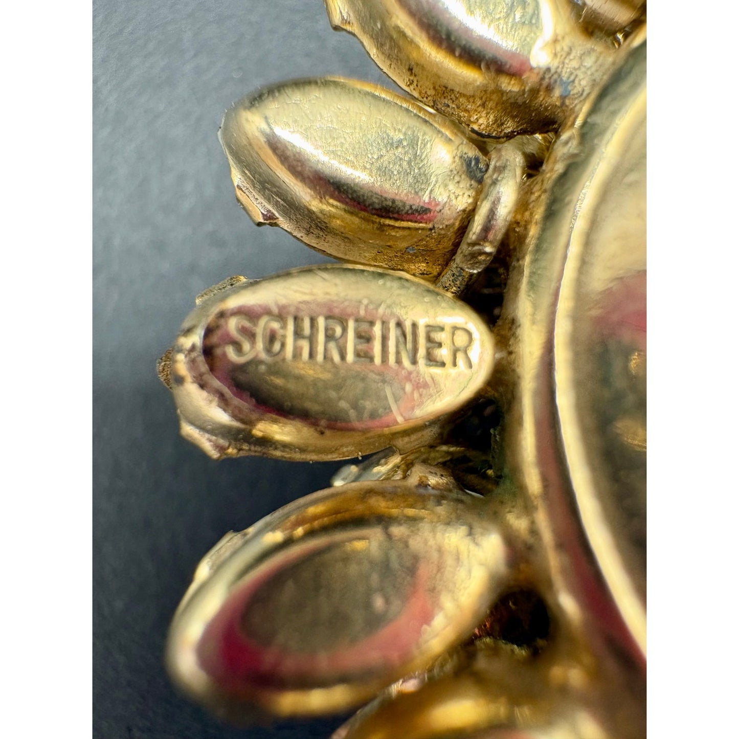 ⁠VTG Signed Schreiner NY Faux Baroque Pearl Clear Rhinestone Brooch Earrings Set⁠