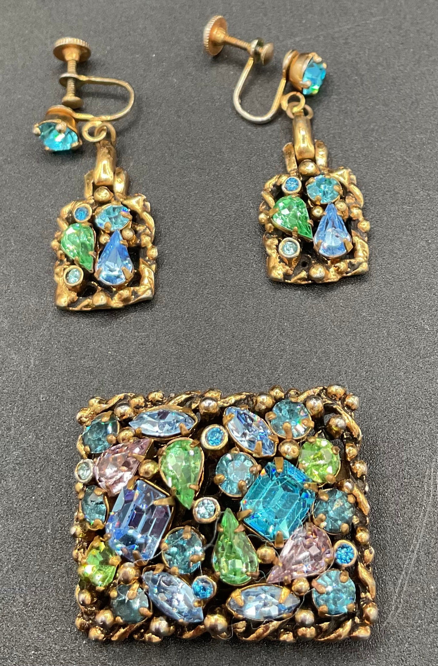 Unsigned Barclay Blue and Green Uranium Glass Brooch and Earring set