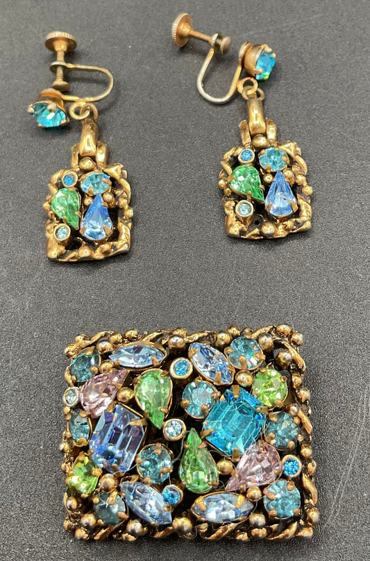 Unsigned Barclay Blue and Green Uranium Glass Brooch and Earring set