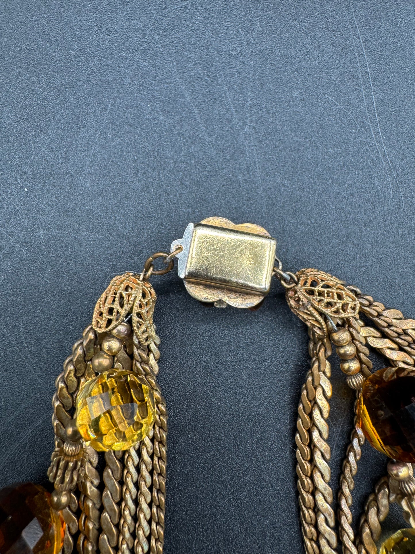 Unsigned Miriam Haskell? Multi Strand Amber Glass and Gold Tone Chain Necklace/Choker