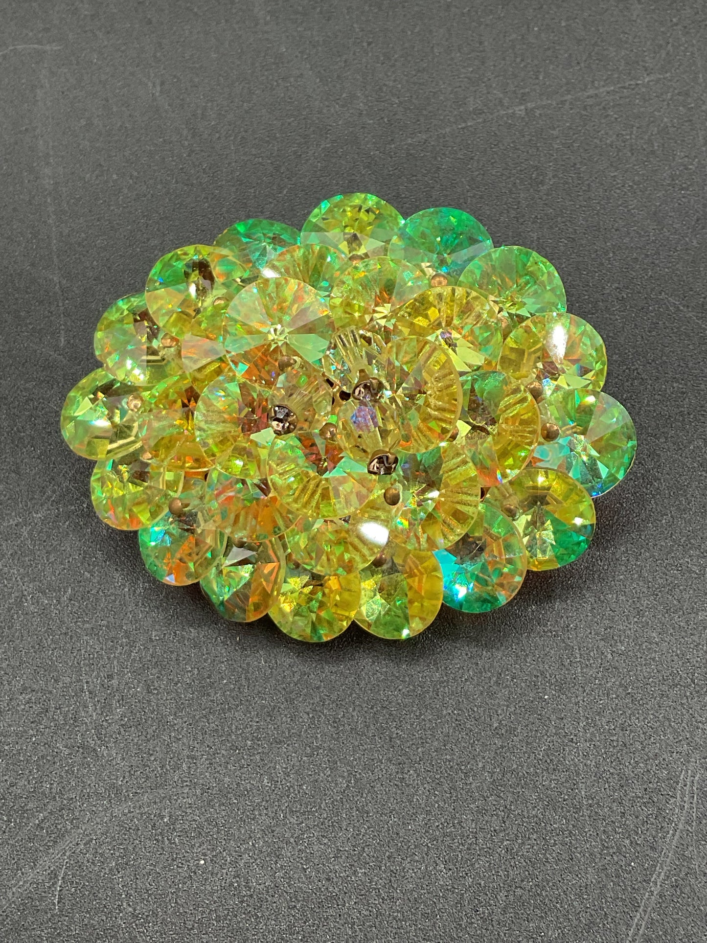 Chartreuse green faceted glass gem rhinestone AB pin and clip earring set vintage