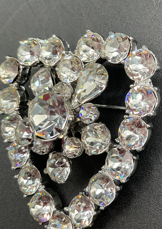 1940s Vintage Coro Clear Rhinestone Heart Brooch