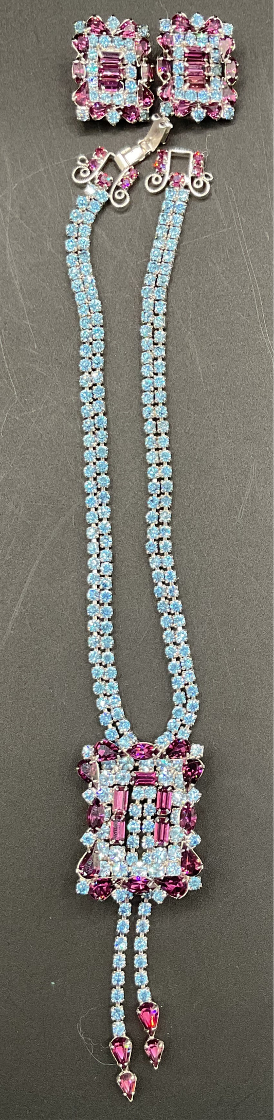 Vintage Unsigned blue and amethyst rhinestone necklace and earrings set