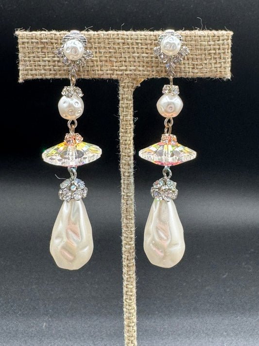 Vintage Pearl and AB Rhinestone Dangle Clip Earrings