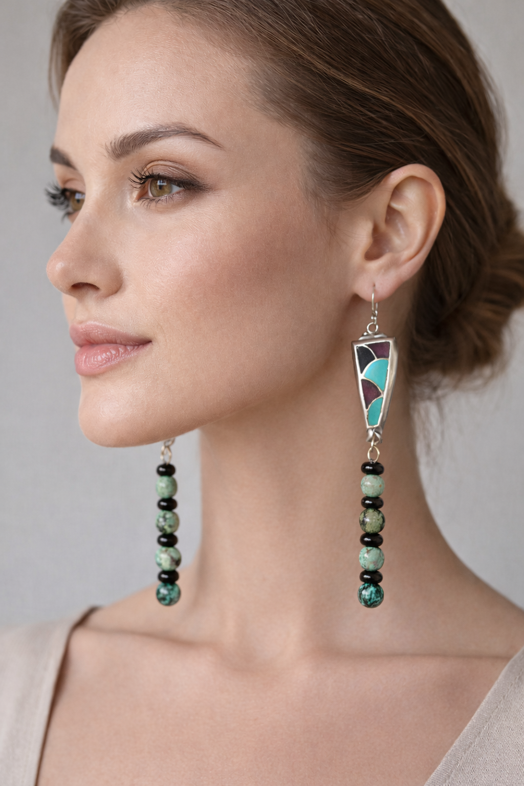 Turquoise And Black Onyx Inlay Native American Watch Tips With Turquoise And Black Onyx Dangles