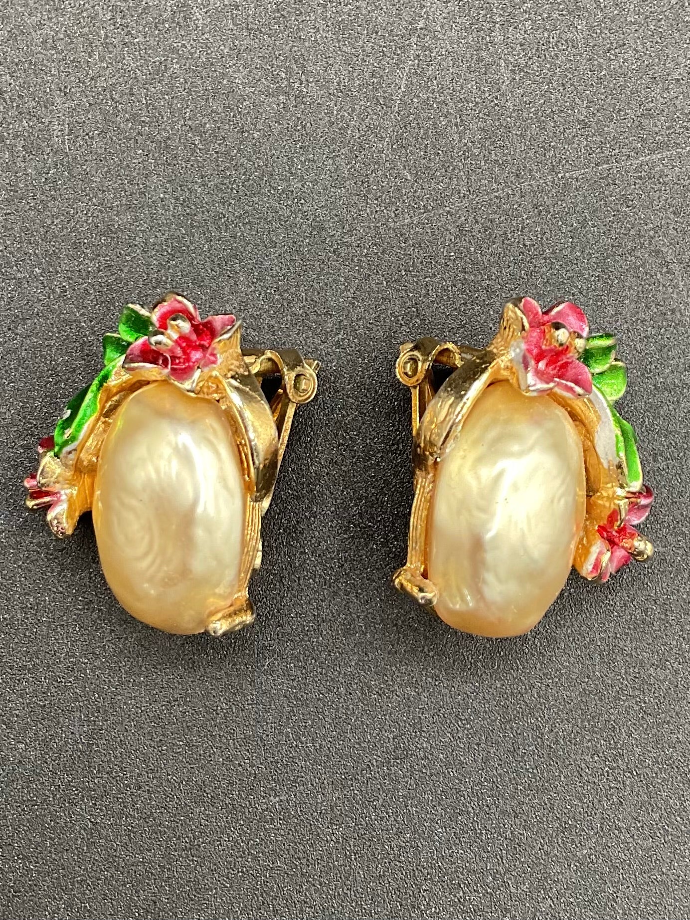 Vintage Arthur Pepper Floral Enamel Pearl Brooch And Earring Set