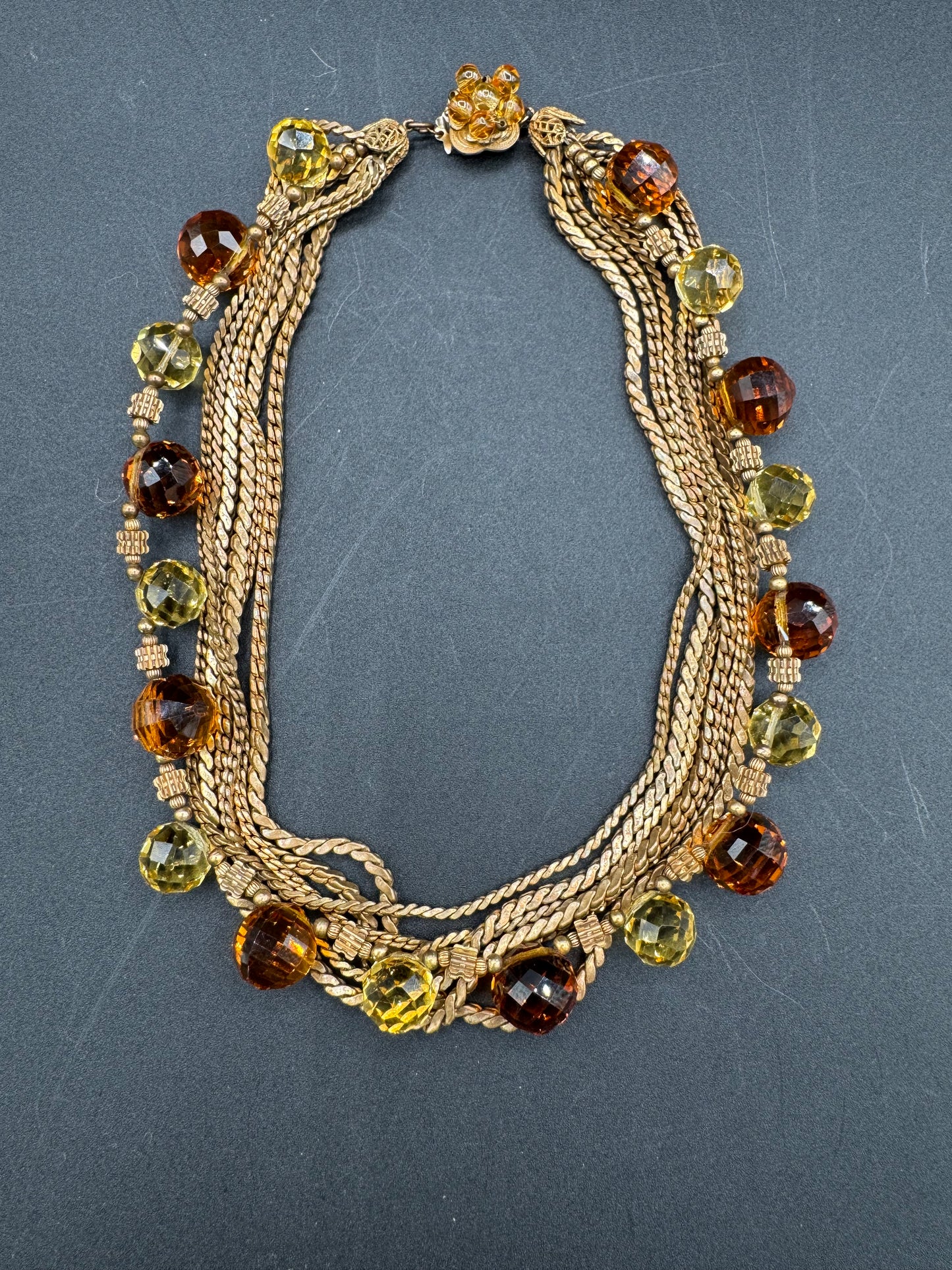 Unsigned Miriam Haskell? Multi Strand Amber Glass and Gold Tone Chain Necklace/Choker
