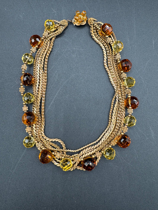 Unsigned Miriam Haskell? Multi Strand Amber Glass and Gold Tone Chain Necklace/Choker