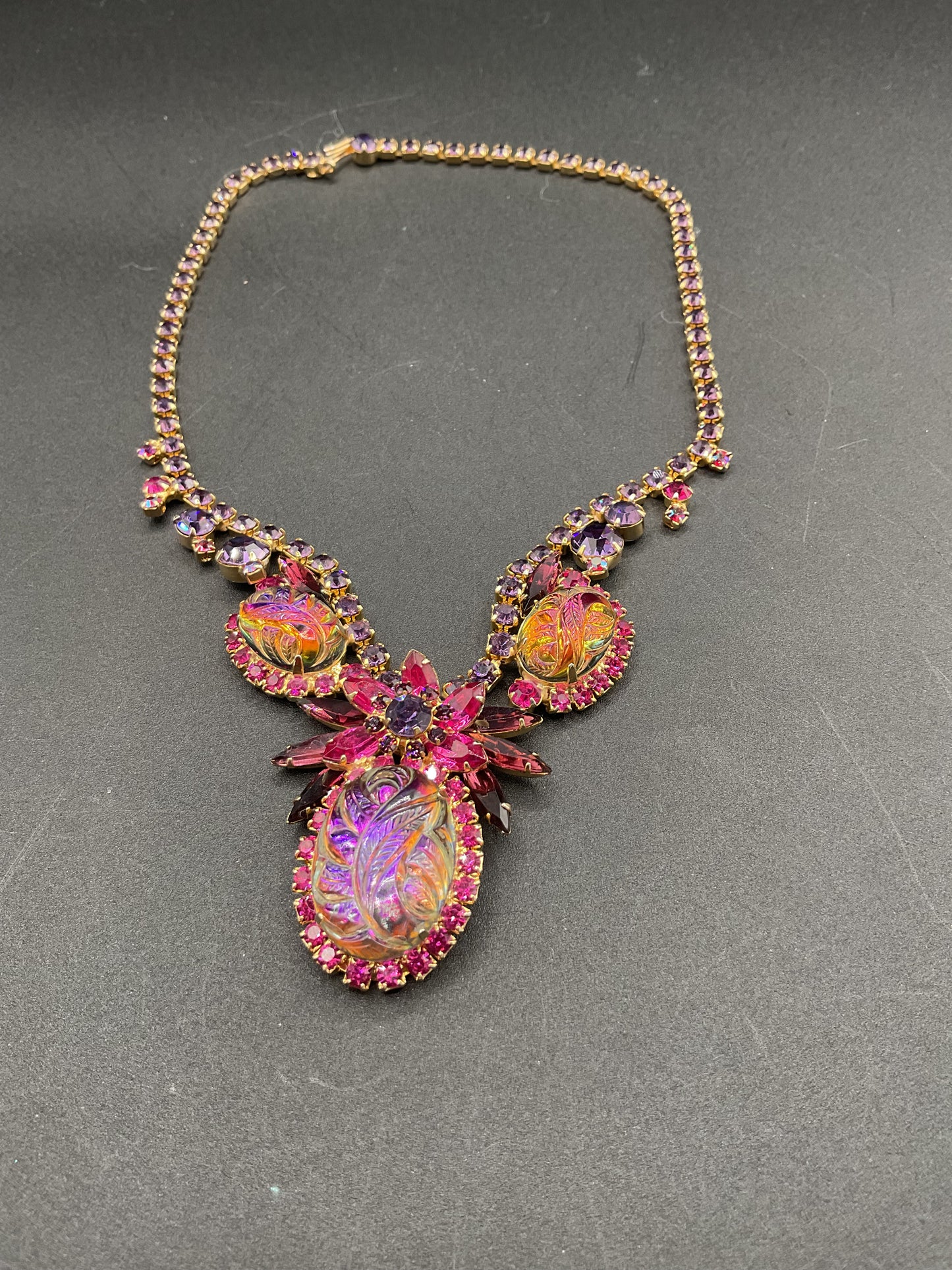 Juliana Pink and Purple Heliotrope Carved Glass Cabochon Rhinestone Necklace
