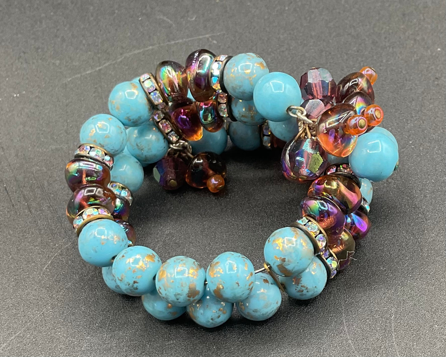 Hobe turquoise and AB purple necklace, double strand bracelet, and earrings set