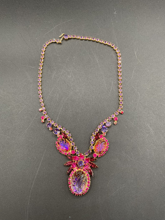 Juliana Pink and Purple Heliotrope Carved Glass Cabochon Rhinestone Necklace