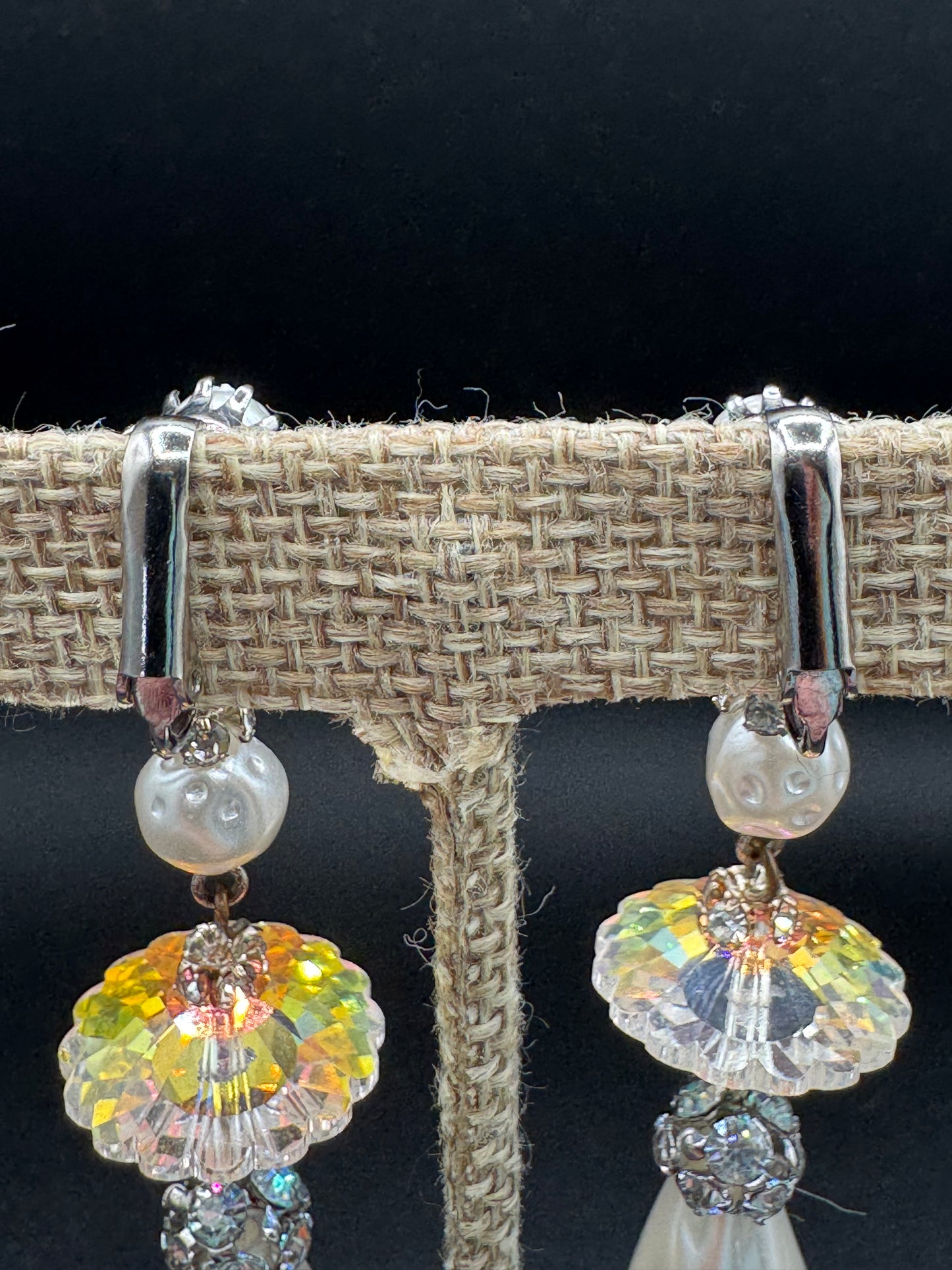 Vintage Pearl and AB Rhinestone Dangle Clip Earrings