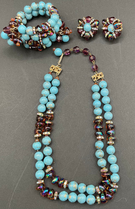 Hobe turquoise and AB purple necklace, double strand bracelet, and earrings set
