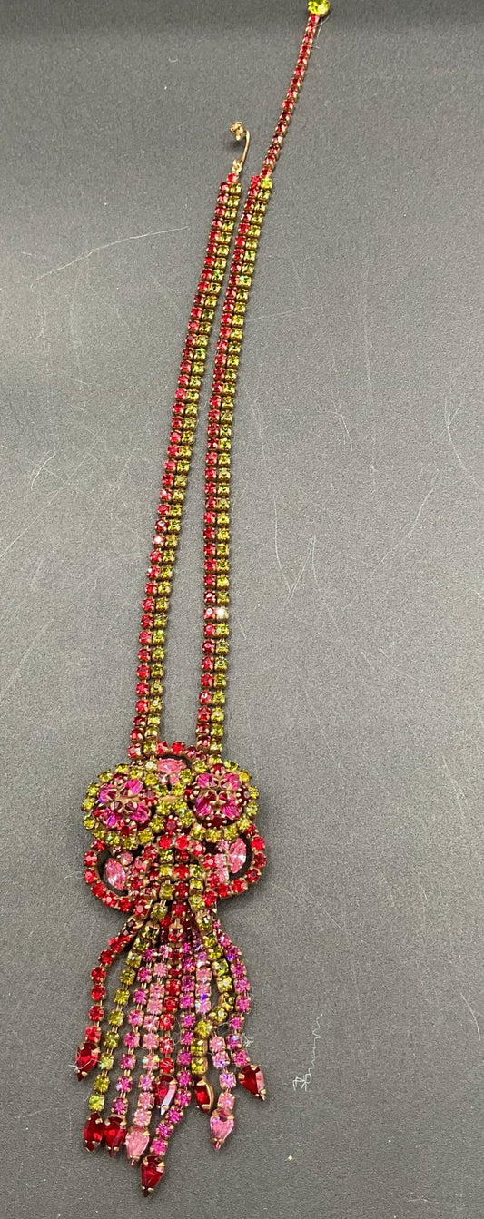 Vintage Weiss Red and Green Rhinestone Tassel Necklace RARE