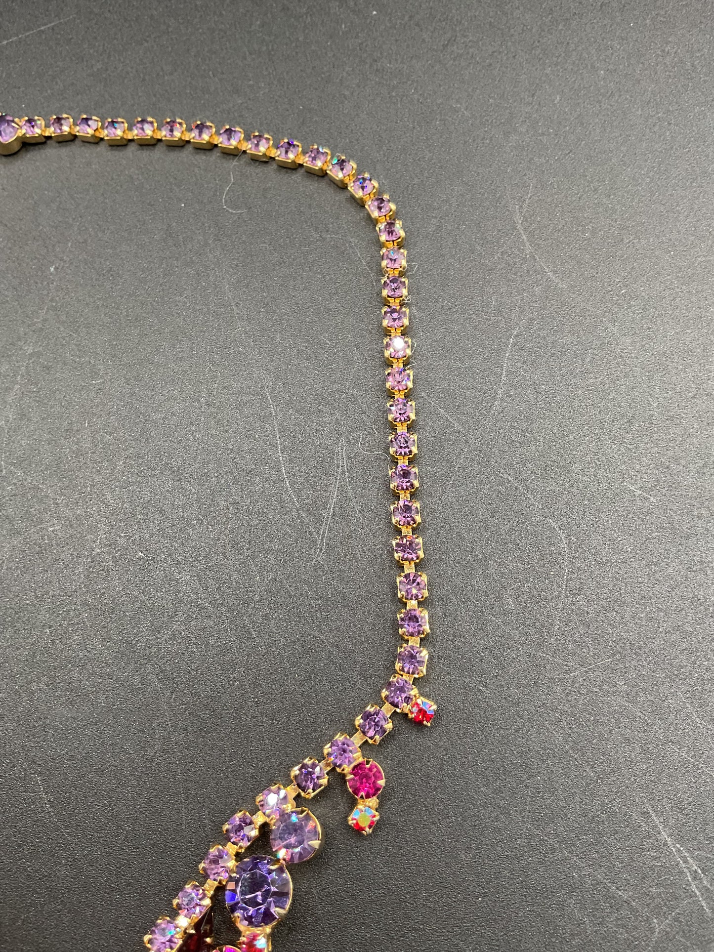 Juliana Pink and Purple Heliotrope Carved Glass Cabochon Rhinestone Necklace