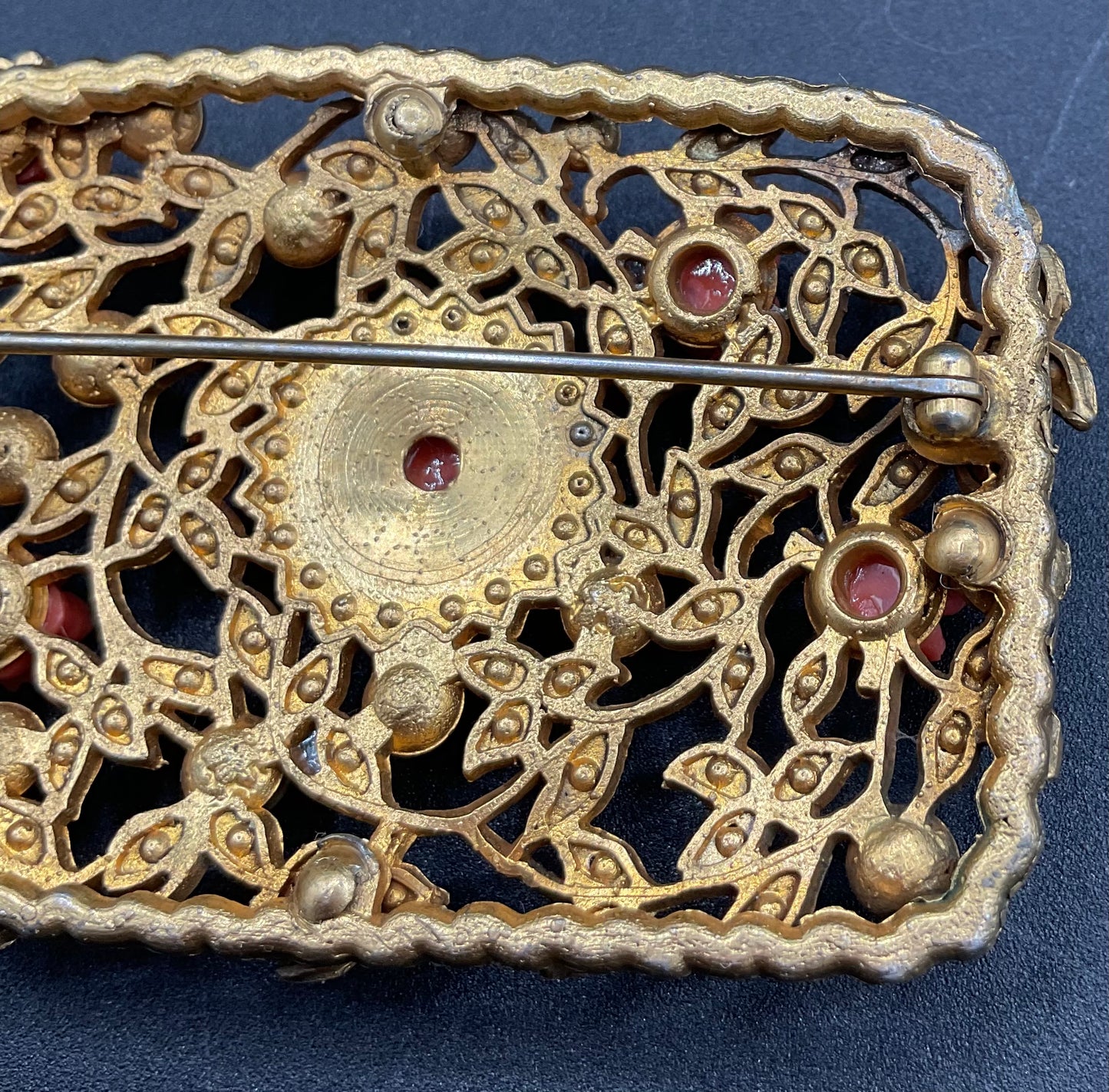 1930s Marcasite Pearl and Coral Celluloid Flower 1930s Gold Tone Brooch
