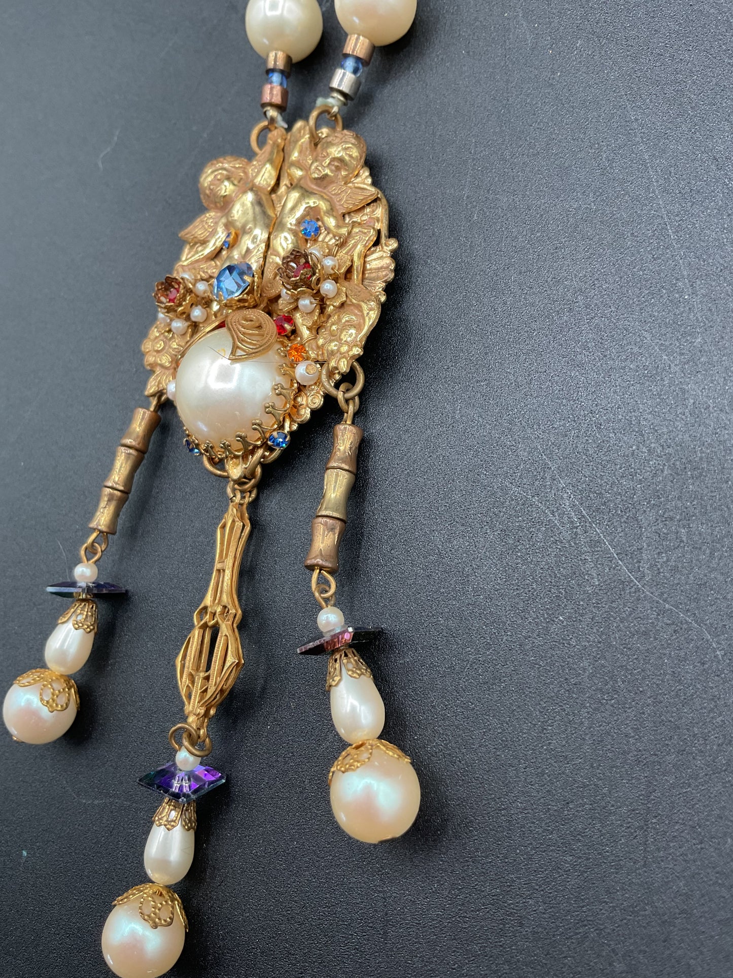 Rare Thelma Deutsch Pearl and Rhinestone Necklace with Cherub Pendant
