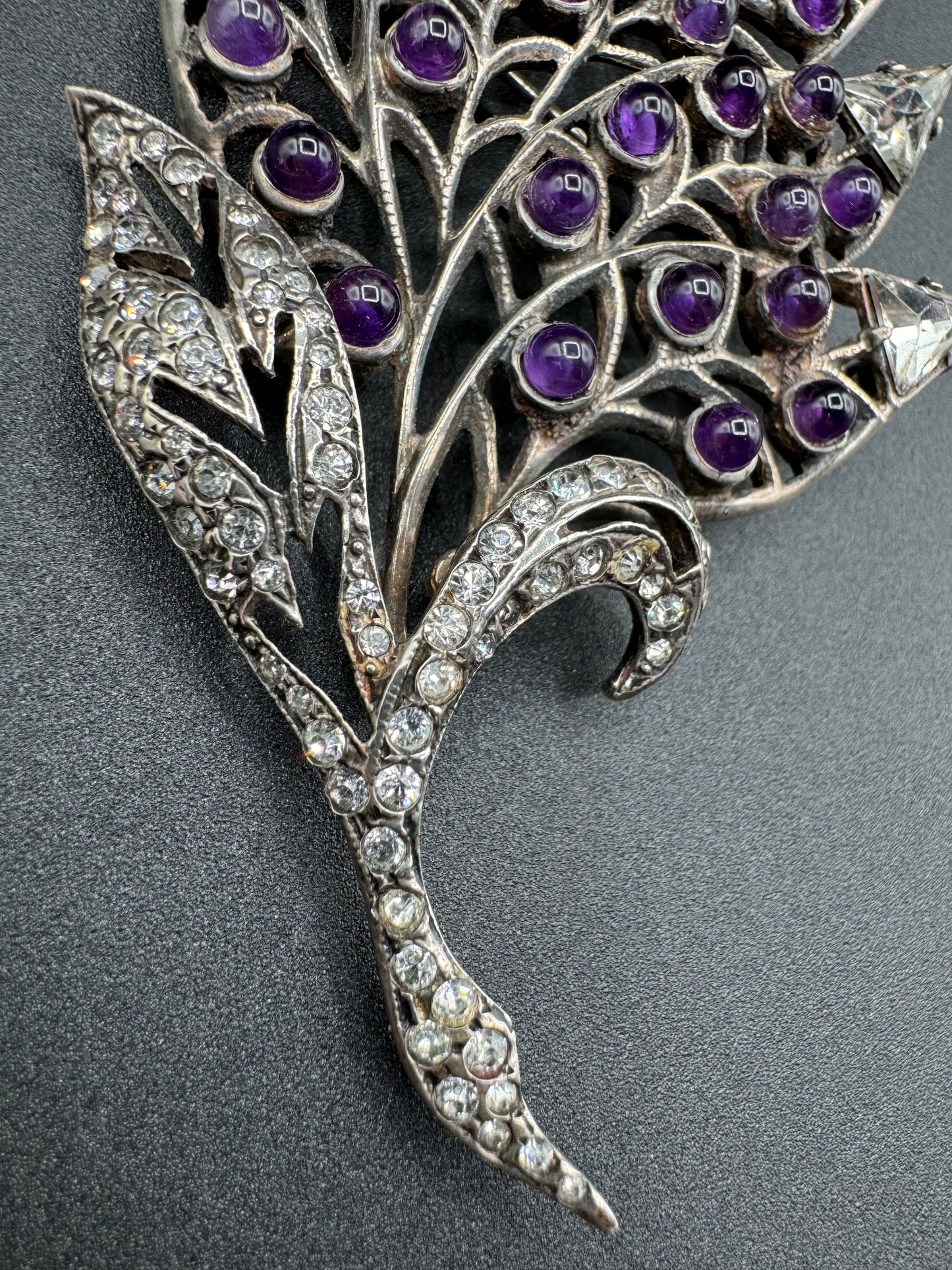 Art Nouveau Sterling Silver Large Amethyst Leaf Brooch