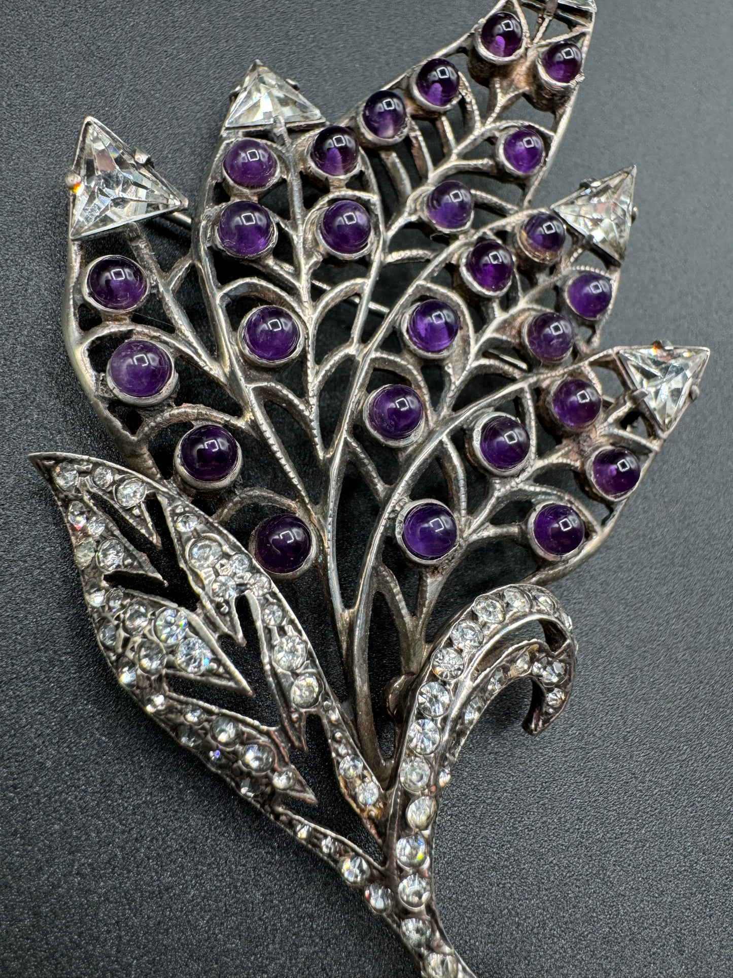 Art Nouveau Sterling Silver Large Amethyst Leaf Brooch