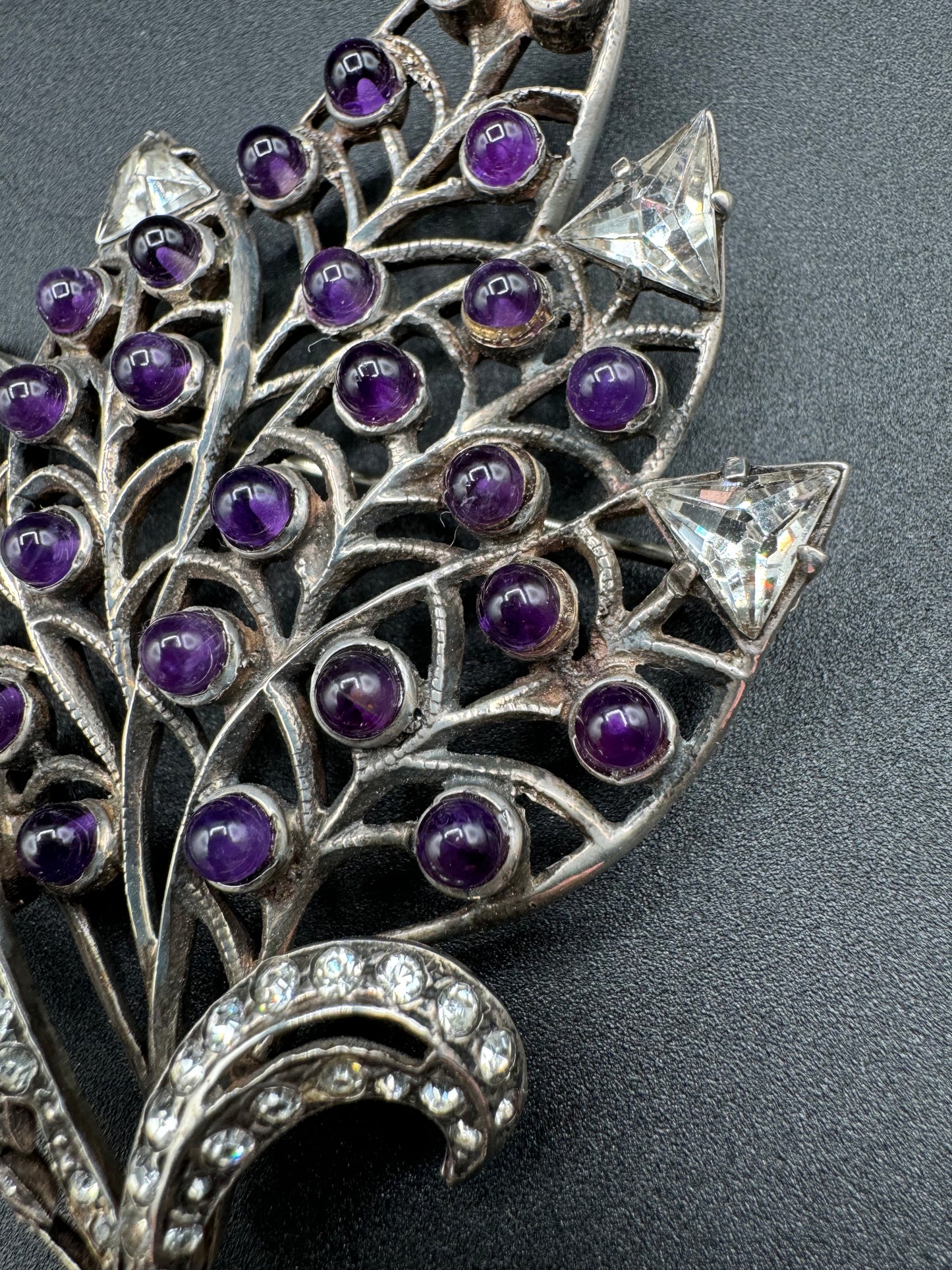 Art Nouveau Sterling Silver Large Amethyst Leaf Brooch