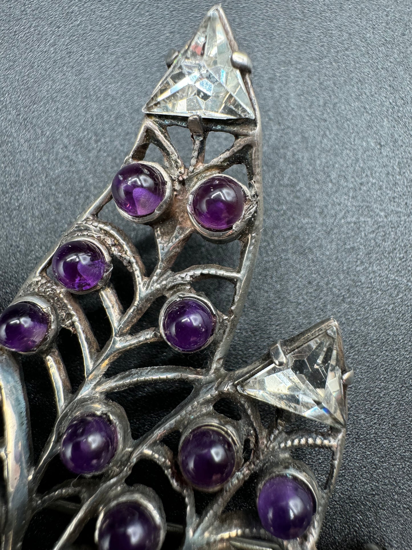 Art Nouveau Sterling Silver Large Amethyst Leaf Brooch