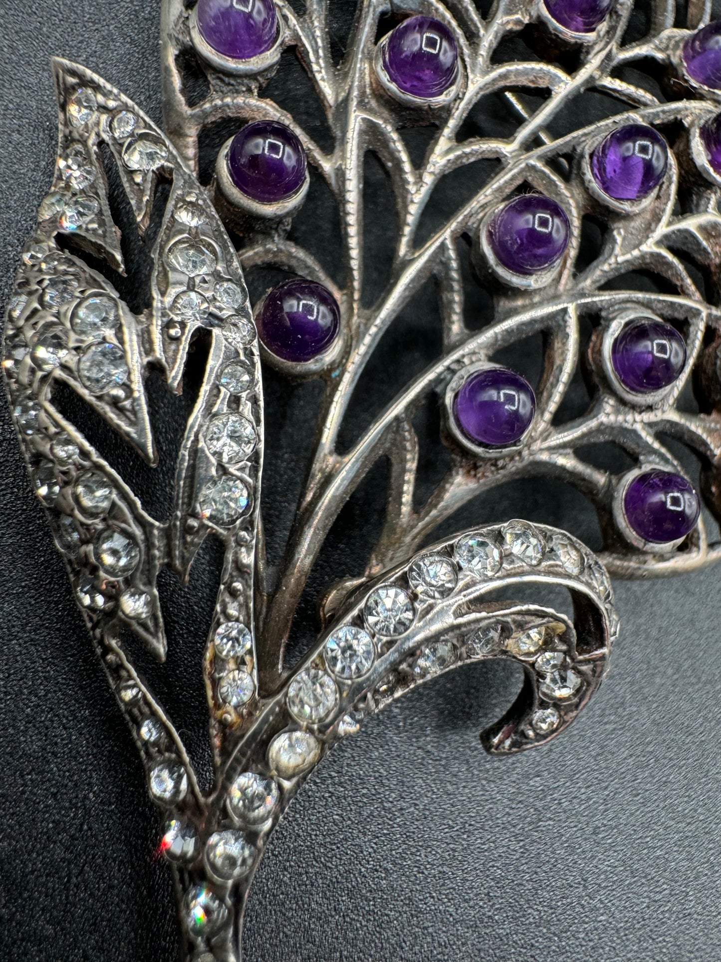 Art Nouveau Sterling Silver Large Amethyst Leaf Brooch