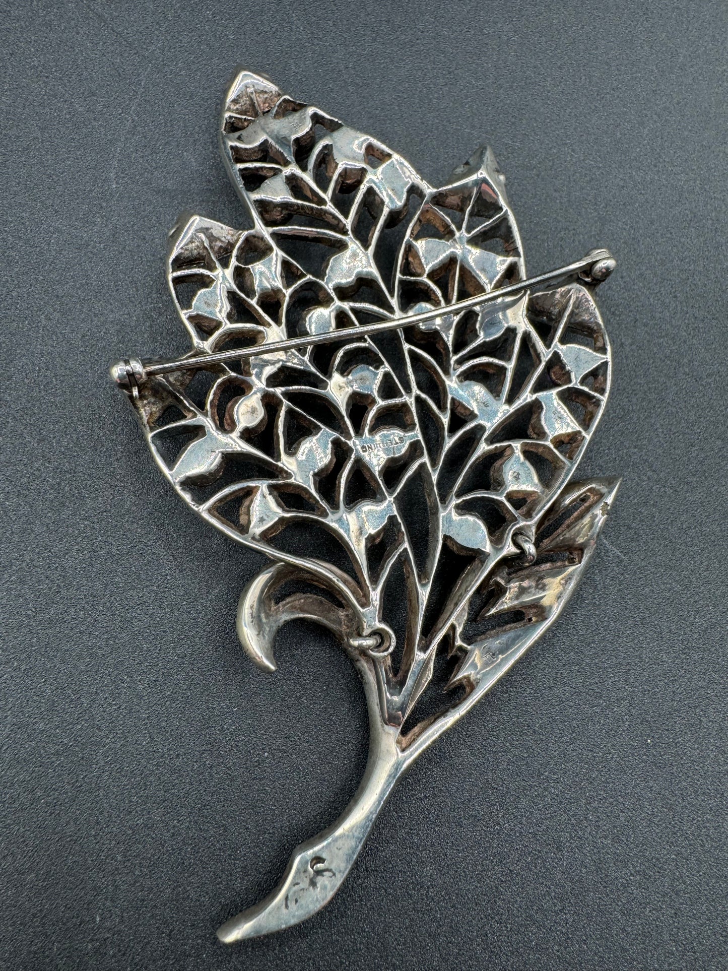 Art Nouveau Sterling Silver Large Amethyst Leaf Brooch