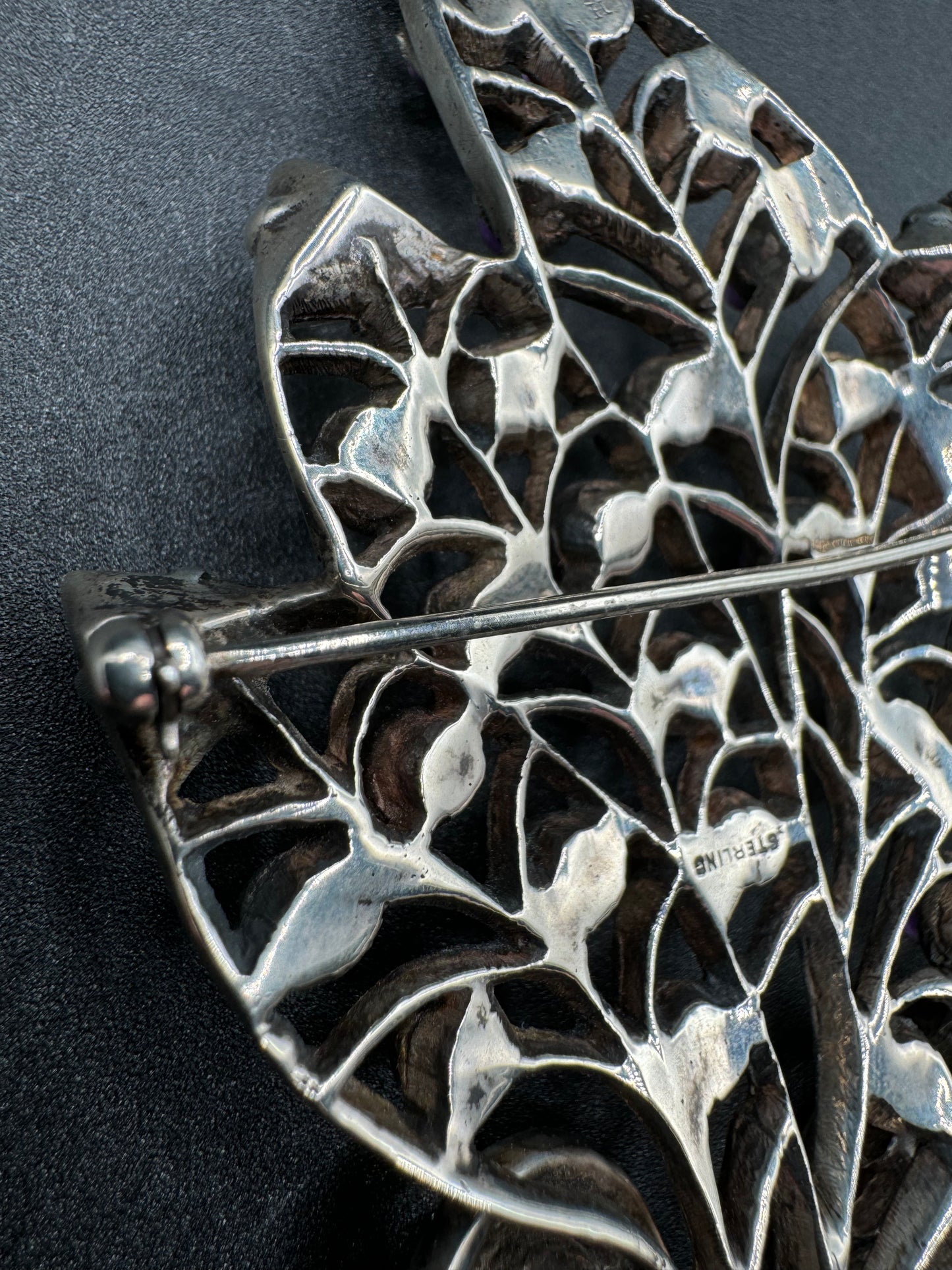 Art Nouveau Sterling Silver Large Amethyst Leaf Brooch