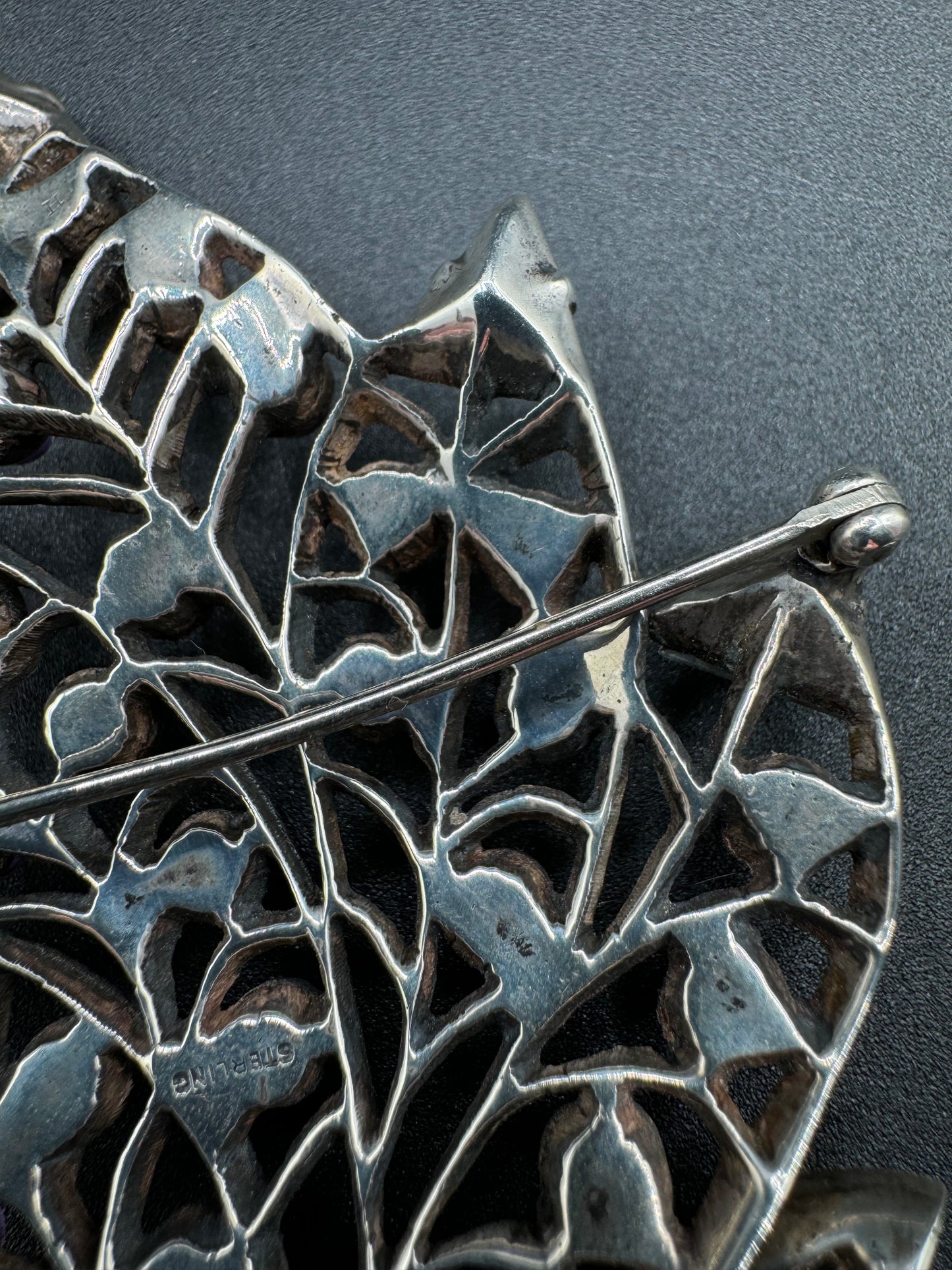 Art Nouveau Sterling Silver Large Amethyst Leaf Brooch