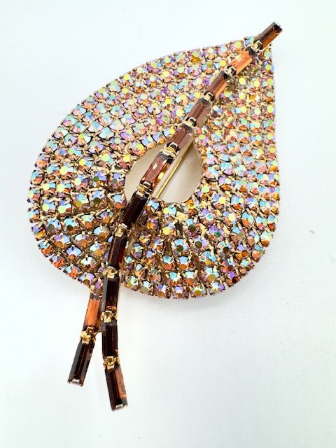 Aurora InternationalVintage 1960’s Austrian Crystal Topaz Aurora Borealis Leaf Brooch and Clip Earrings - Black Dog Vintage