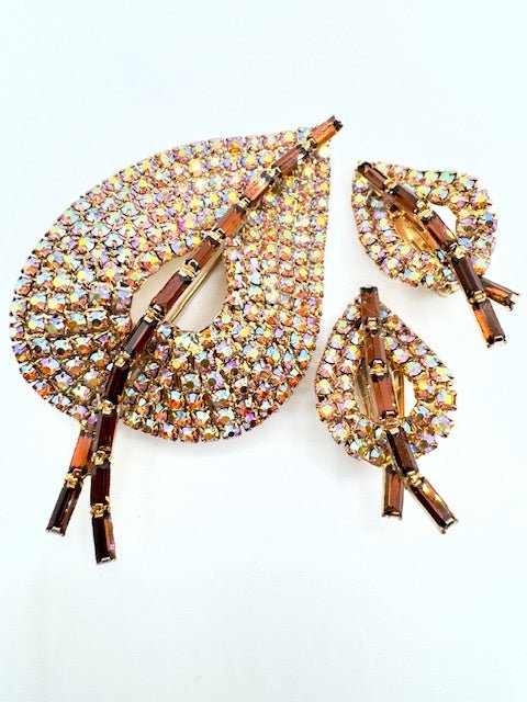 Aurora InternationalVintage 1960’s Austrian Crystal Topaz Aurora Borealis Leaf Brooch and Clip Earrings - Black Dog Vintage
