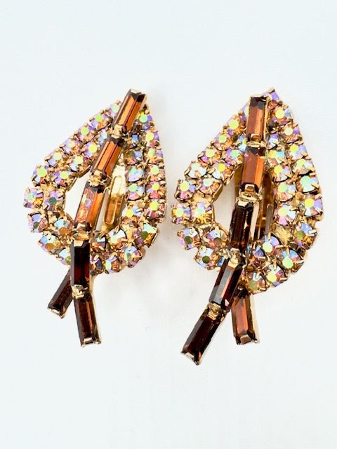 Aurora InternationalVintage 1960’s Austrian Crystal Topaz Aurora Borealis Leaf Brooch and Clip Earrings - Black Dog Vintage
