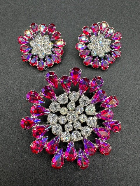 B. DavidB. David Vintage Pink AB And Clear Round Brooch and Earrings Set - Black Dog Vintage