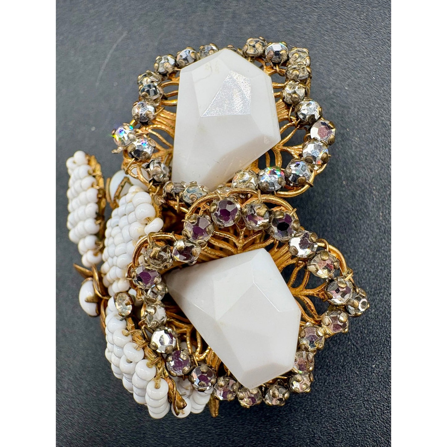 Vintage Original by Robert Milk Glass Seed Bead Rhinestone Floral Brooch