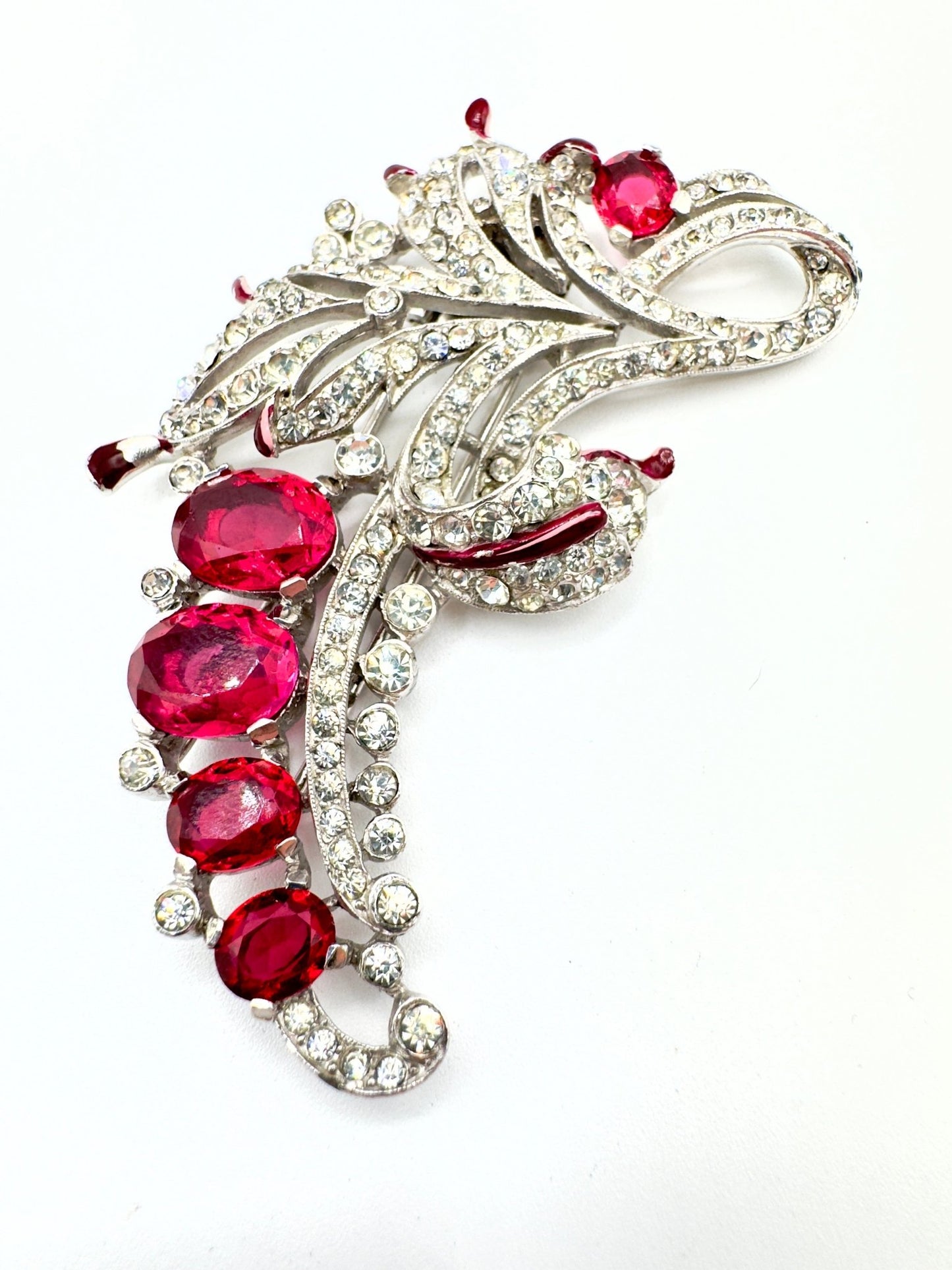 Black Dog VintageAlfred Philippe Crown Trifari Red Enamel and Crystal Feather Fur Clip - Black Dog Vintage